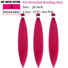 Pre Stretched Braiding Hair Extensions 30 Inch 3 Packs Long Professional Crochet Twist Braids Hair Synthetic Box Braiding Hair Hot Water Setting Soft Yaki Texture(30 Inch,Hot Pink)