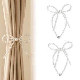 No Drill Magnetic Curtain Tiebacks, 2 Pcs Elegant Pearl Bow Ties for Curtains, Quick Close Strong Magnet Drapery Holdbacks, Modern Window Decorative Accessories for Home Office, 45cm Long