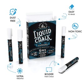 Liquid Chalk Marker Pen - White Dry Erase Marker - Chalkboard Signs, Windows, Blackboard, Glass (6 Pack) 3-6mm Reversible Tip, 3-3mm Fine Tip