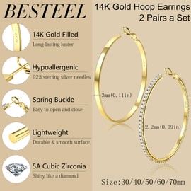 BESTEEL 2 Pairs 14K Gold Hoop Earrings for Women Hypoallergenic Sterling Silver Big Large Gold Hoops Set Thin Rhinestone Earrings Pack Lightweight 30mm