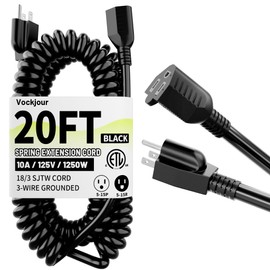 18AWG 20FT Retractable Extension Cord Black, Indoor Retardant Flame 3 Prong Coiled Extension Cord, Indoor Use for Charging Electric Pallet Tucks, Sit Stand Desk, Scissors Lift, 10A, 1250W, ETL Listed
