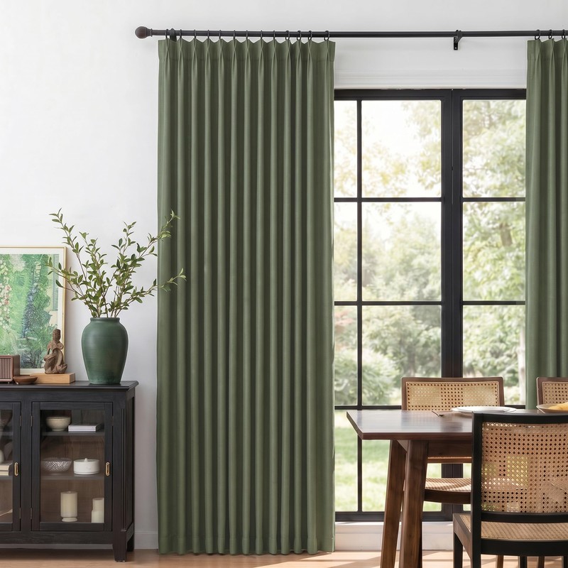 MYSKY HOME Olive Green Linen Pinch Pleated 100% Blackout Curtains