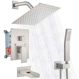 Midanya Brushed Nickel Bathroom Shower System 8 Inch Rainfall Shower Head with Handheld Spary Wall Mount Tub Spout Combo Set Rough-in Valve 3 Function Mixer Shower Faucet Luxury