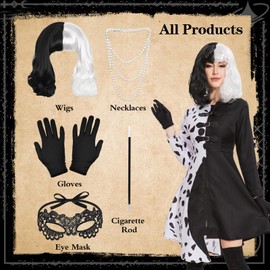 6 Piece Cruella Costume Women's Set, Cruella Devil Costume Women's with Wig, Lace Mask, Gloves, Pearl Necklace and Long Bar, Black White Dalmatian Dress for Carnival, Cosplay, Party, Fancy Dress (L)