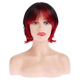 Qnbiar Short Black Wig with Bangs Black Mix Red Wigs for Women Natural Fluffy Synthetic Hair Womens Wigs