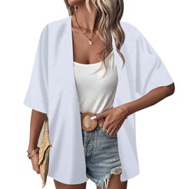 Risipu Women's Loose Print Sheer Chiffon Kimono Beach Swim Cover up Cardigan Capes Blouse Tops (White, L)