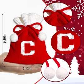 Blinket Christmas Knit Drawstring Gift Bag Xmas Red and White Santa Sack with Alphabet Letter Design Reusable Wrapping Bag for Xmas Candy Goodie Party Favor 6.5 x 5.1 Inch Letter C