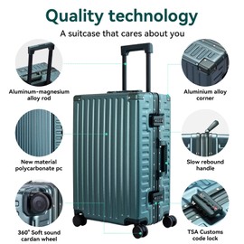 ROAMING Zipperless Luggage Airline Approved with Aluminum Frame, Lightweight PC Hardside Luggage with Spinner Wheels, Metal Travel Luggage with Double TSA Locks, Carry On 20 Inch, Dark Night Green