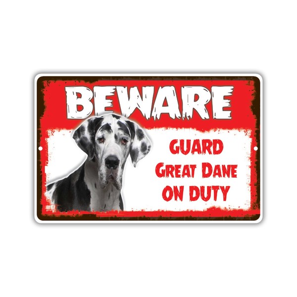 Beware Guard Great Dane Dog On Duty Novelty Aluminum Metal 12x18 Sign