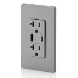Leviton T5834-G 60W (20V@2.5A+ 5V@2A) USB Dual Type A/Type-C Power Delivery in-Wall Charger with 20A Tamper-Resistant Outlet, USB Charger for Smartphones, Tablets, Laptops, Gray