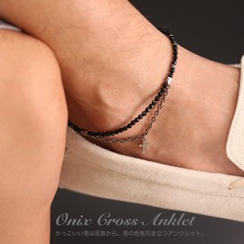Orris Anklet, Black, Onyx, Silver, Stainless Steel, Popular, Double Cross, Crosses, Cool Misanga Men's, Stone Silver Stainless Steel