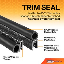 TRIM-LOK Trim Seal with Top Bulb - Fits 0.437" Bulb, 1/16" Edge, 9/16" Leg, 25 Feet Length - Flexible PVC Plastic Trim with EPDM Rubber Seal
