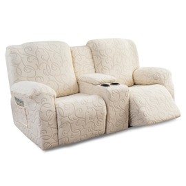 YUEANG Recliner Loveseat Cover with Center Console, 2 Seater Jacquard Recliner Sofa Slipcover with Pockets Washable Stretch Reclining Couch Covers Furniture Protector with Elastic Straps (Beige)