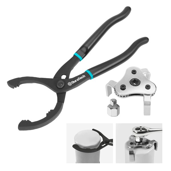 DURATECH 2-Piece 12 Inch Oil Filter Pliers & 3 Jaw Adjustable Oil Filter Removal Wrench, for Cars, Motorcycles and Trucks