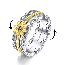 VONALA Sunflower Fidget Rings for Anxiety 925 Sterling Silver Sunflower Spinner Rings for Women Anti Stress Mood Rings Gifts Band Wide 6#