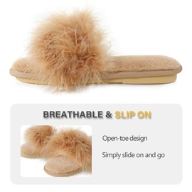 Fur Story Women's Camel Furry Open Toe Fuzzy Slippers, 8.5-9