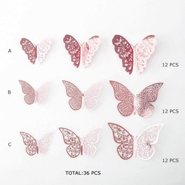 JUN-H 36 Pieces 3D Butterfly Decorations Butterfly Stickers DIY Wall Art Sticker Bedroom Baby Decals Removable Decorative Paper Wall Pictures (Rose Red)