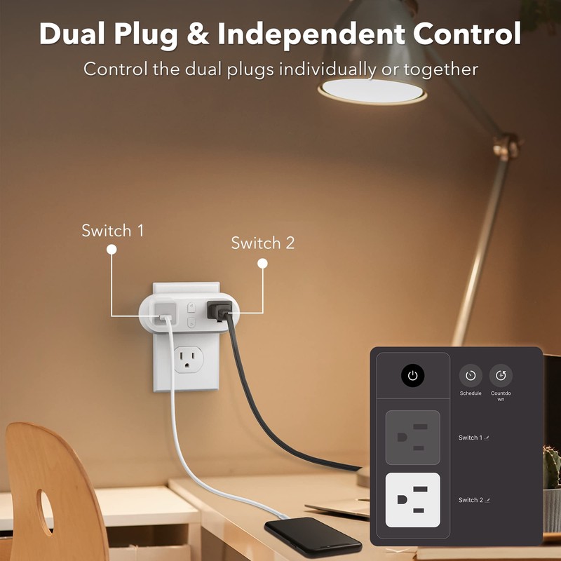 HBN Smart Plug 15A, WiFi&Bluetooth Outlet Extender Dual Socket Plugs