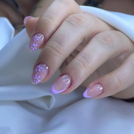 Spring Press on Nails Short Almond Fake Nails Purple Nails Press ons French Tip Glue on Nails Nude Acrylic Nails Glossy False Nails with Flower Designs Artificial Stick on Nails for Women 30Pcs