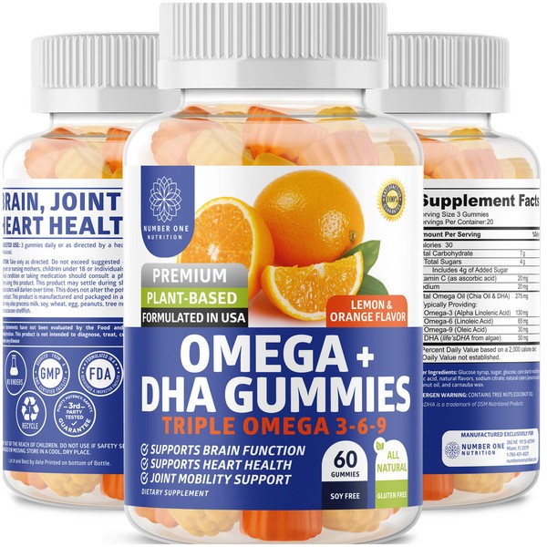N1N Premium Omega 3 6 9 + DHA Gummies [Vegan, Plant Based] Natural Brain, Immunity and Joint Health Support with Vitamin C, 60 Gummies