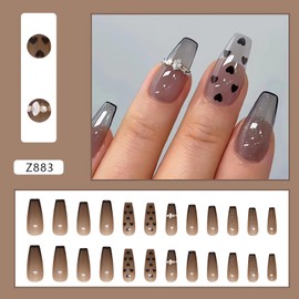 24Pcs Black Heart Press on Nails Long Coffin Fake Nails, White French Tip Press on Nails Glossy Valentine’s Day Acrylic Nails Press on Cute Sparkling Diamond Valentines Heart Glue on Nails for Women