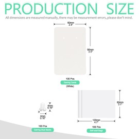 Keadic 300Pcs White Earring Display Holder Cards Set with 100 Earring Backs and 200 Self- Sealing Bags, Earring Packaging Supplies Kit for Hanging Ear Studs and Dangle Earrings (3.5” x 2.3”)