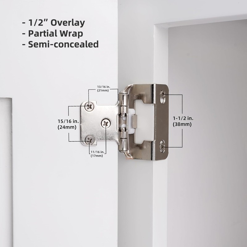 Decobasics 50 Pack 1/2" Overlay Brushed Nickel Cabinet Hinges for