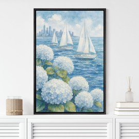 MUDECOR Framed Canvas Print Wall Art Sailboats and Hydrangeas by The Sea Blue Floral Coastal Illustrations Digital Art Decorative Bohemian Contemporary for Bedroom - 24"x36" Black