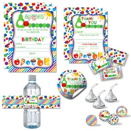 Amanda Creation Deluxe Happy Hungry Caterpillar Birthday Party Bundle Includes 20 Invitations & Thank You Cards with Envelopes + 3 Different Sizes of Stickers & Water Bottle Labels!