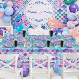 76 Pcs Mermaid Birthday Decorations - Mermaid Party Supplies Set Includes Plates, Napkins and Tablecloth, Mermaid Themed Birthday Tableware for Kids Girls Baby Shower Ocean Party Decorations,Serves 25