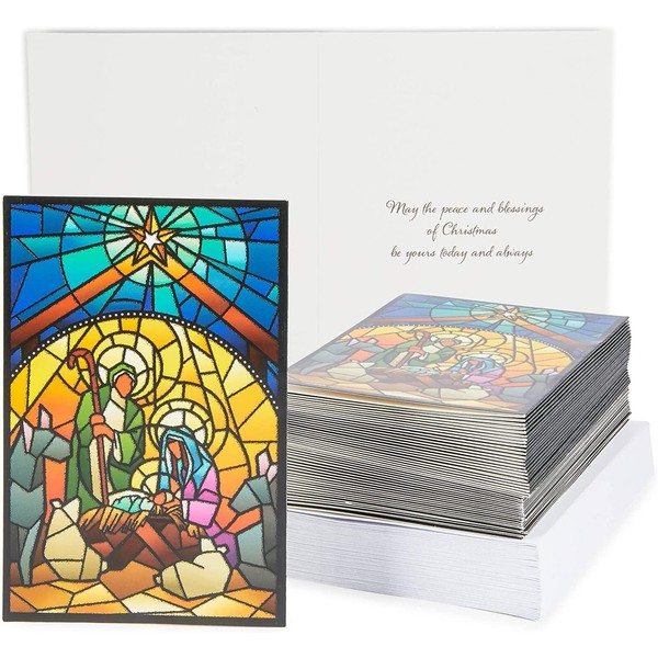 Religious Christmas Cards with Foil Lined Envelopes, Stained Glass Nativity Scene (4 x 6 In, 48 Pack)