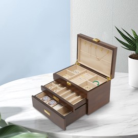 WANLECY Wooden Jewelry Box for Women, 3 Layers Large Wooden Jewelry Organizer Box Watches Necklace Ring Storage Box for Women (Walnut 3 Layer)