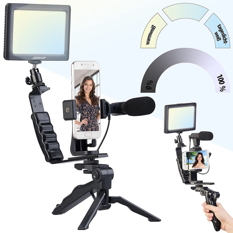 Somikon Videoleuchte: 4-teiliges Vlogging-Set mit LED-Leuchte, Mikrofon, Stativ & Halterung
