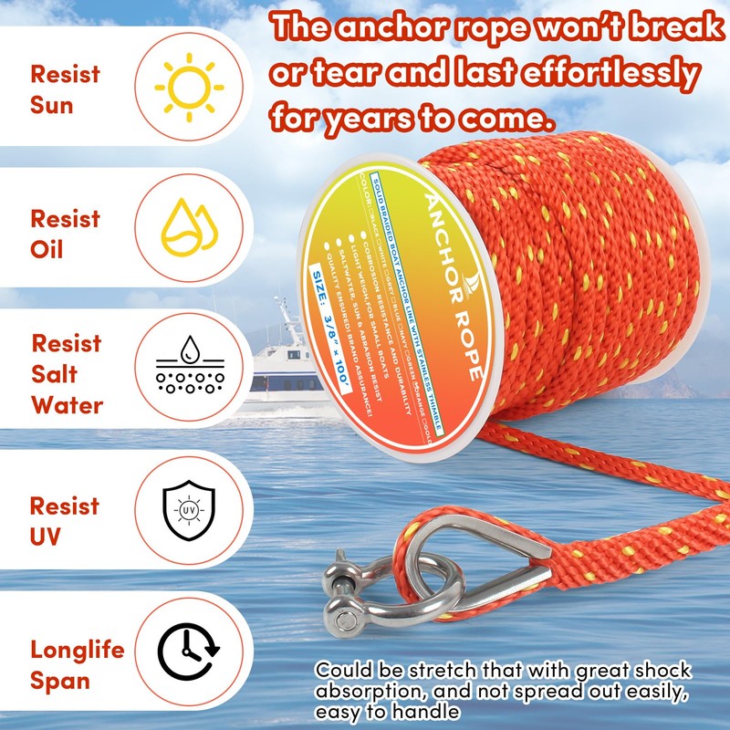 Premium Anchor Rope 100 ft x 3/8 inch, Solid Braid