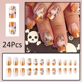 24 Pcs Fall Press on Nails Short Square Fake Nails Orange Glitter French Tips Full Cover Glue on Nails with Cute Pumpkin Stick on Nails Thanksgiving Maple Leaf Full Cover Artificial Nails for Women