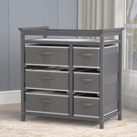Glaf Baby Changing Table Dresser with 6 Storage Drawers and Pad Topper Changing Diaper Station Multifunctional Changing Nursery Organizer Table for Newborn Baby and Infant (Grey)