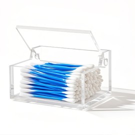 WORHE Acrylic Premium Cotton Bud Holder with Lid Bud Dispenser, Floss Picks, Cosmetic Storage Case, Home Bathroom Decor, Keep your Cotton Swabs Neat and Tidy-Size Medium-DP051