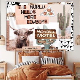 Western Cowgirl Tapestry, Funny Longhorn Cattle Cow Boho Tapestries, Western Desert Cactus Tapestry Wall Hanging, Cute Farm Animal Farmhouse Wall Tapestries for Bedroom Living Room Dorm, 60X40IN
