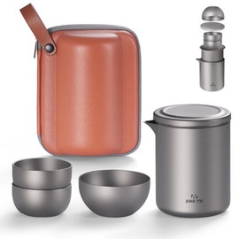 Zing TTI titanium tea set, travel teapot with leather bag, including 1 titanium teapot, 1 large teacup and 2 small teacups, packed in a suitcase, suitable for travel, outdoor, camping use