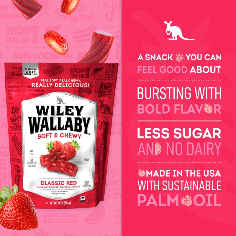 Wiley Wallaby Classic Red Strawberry Licorice Candy, Soft & Chewy,10oz,1Pk