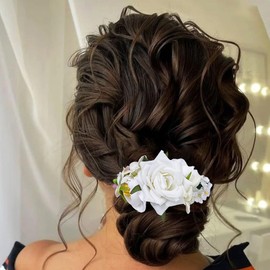 Yheahin Bridal White Rose Flower Hair Comb Boho Handmade Floral Headpiece Wedding Flower Hair Accessories for Women Brides Bridesmaids (White 7)