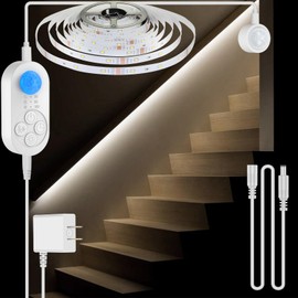 Dual Motion Sensor Light Indoor - Plug-in Motion Activated LED Stair Light Strip Step Light with Double Sensors, Dimmer and Timer for Stairway, Bedroom, Corridor (Cold White 6000K 16.4FT Light Strip)