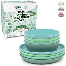 Grow Forward Bamboo Kids Plates and Bowls Sets - 8-Piece Dishwasher Safe Non Toxic Plates for Kids - Reusable Eco Friendly BPA Free Dishes Dinnerware Sets for Children - Rainforest
