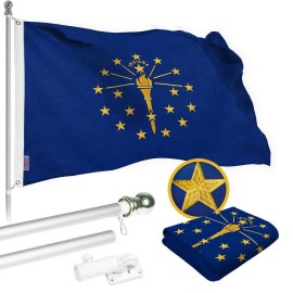 UD_G128 Combo Pack: 6 Ft Tangle Free Spinning Flagpole (Silver) & Indiana Flag 3x5 Ft Embroidered 220GSM Spun Polyester, Brass G