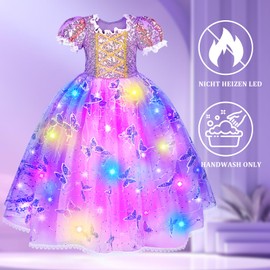 Herenear Luminous Rapunzel Costume Children, LED Princess Dress Girls from 3-12 Years, Carnival Costume Girls with Hairband, Sleeve Cover, LED Princess Girl Dress for Carnival, Cosplay Party
