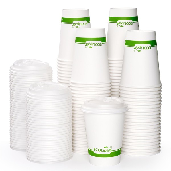 ECOLipak 100 Count 12 oz Compostable Paper Coffee Cups, Biodegradable