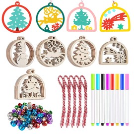Artmag 50pcs Unfinished Wood Wooden DIY Hanging Ornaments for Christmas Decorations,5 Styles Wood Slices with Holes for Kids Crafts Centerpieces Holiday Hanging Decorations