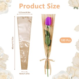 100 Pack Brown Single Flower Sleeves for Boutiques, Small Flower Wrapping Paper Bags, Clear Front Rose Sleeve for Wedding Birthday Floral Bar Supplies (15.7 x 4.9 x 1.5 Inches) (100 pack)