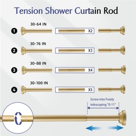 Haryaers Shower Curtain Rod Adjustable Gold Spring Tension Stainless Steel Telescoping Rod No Drilling Rods for Bathroom Closet Windows No Drilling No Slip No Rust 30 to 76 Inch