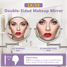 Wall Mounted Makeup Mirror, 1X/5X Magnifying Mirror Double Sided, 8 Inch Extendable Bathroom Mirror for Shaving, Nickel